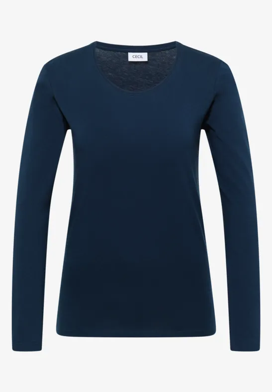 T-shirt à manches longues bleu marine uni avec col rond.