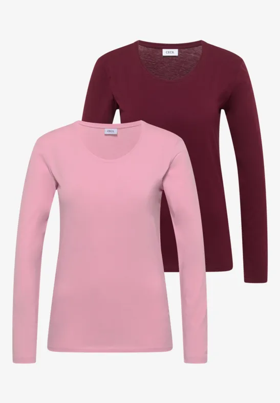 Deux t-shirts à manches longues en rose et bordeaux
