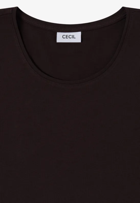 Gefaltetes, dunkelbraunes Damen-Shirt mit Rundhalsausschnitt und Innenetikett CECIL.