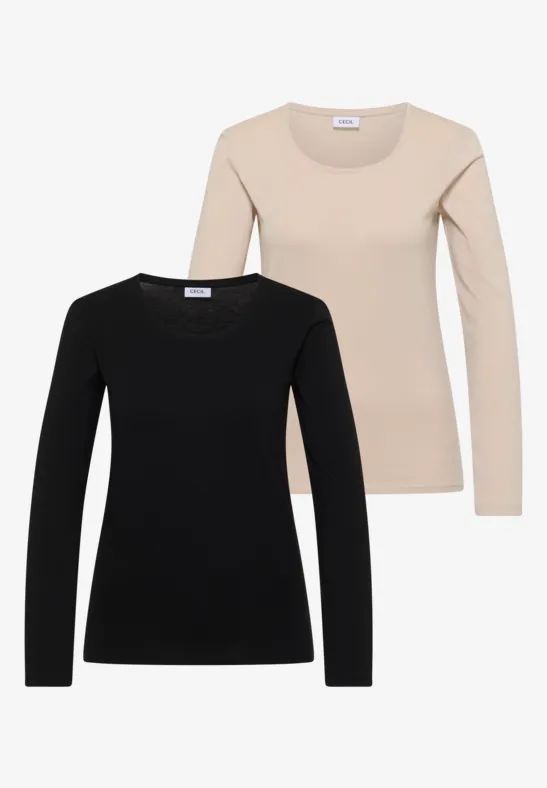 Zwei langärmlige Pullover, einer schwarz, einer beige.
