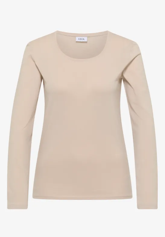 Beiges Langarmshirt mit Rundhalsausschnitt.