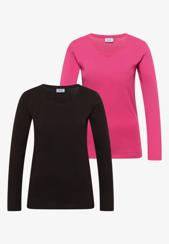 Zwei schlichte Langarmshirts in Pink und Schwarz, schlichtes Design.