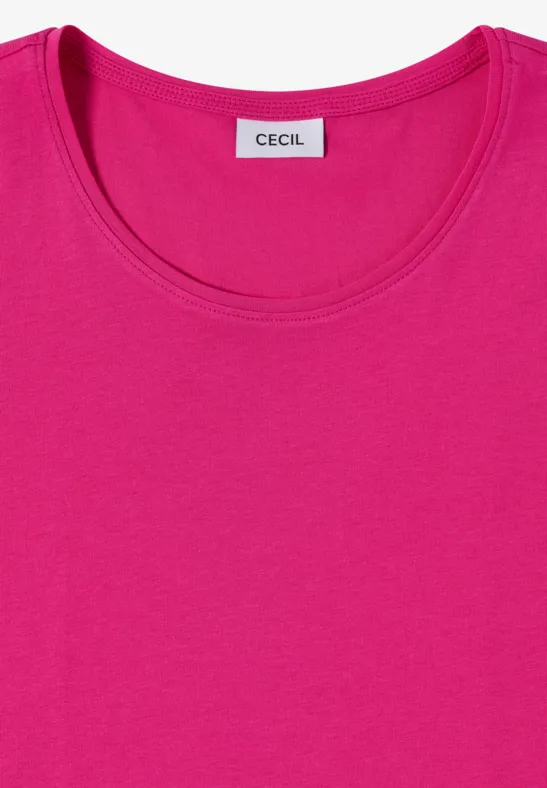 Knallig pinkes T-Shirt mit rundem Ausschnitt und weißem 'CECIL'-Label.
