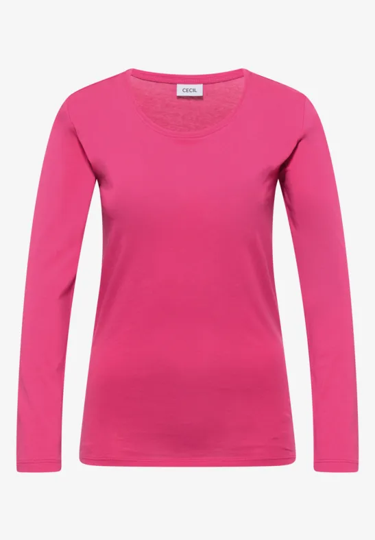 Ein schlichtes pinkes Langarmshirt auf weißem Hintergrund.
