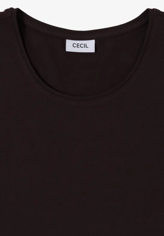 Ein schlichtes schwarzes T-Shirt mit rundem Ausschnitt und CECIL-Label