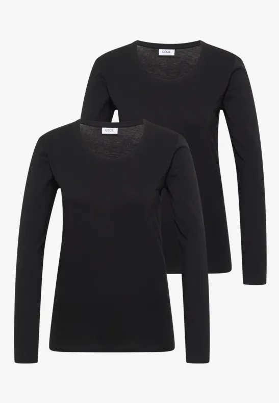 Deux t-shirts à manches longues noirs, coupe simple avec encolure ronde, style épuré.