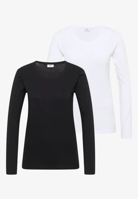 Deux t-shirts à manches longues, un noir et un blanc, design épuré et polyvalent.