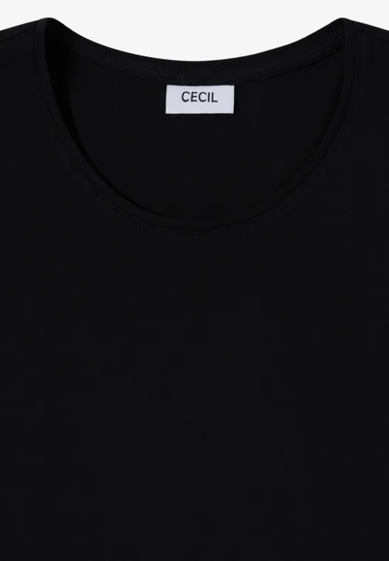 T-shirt noir à manches courtes, col rond, étiquette CECIL sur l’intérieur du col.
