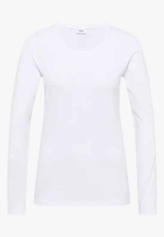 Un t-shirt blanc à manches longues et col rond, simple et épuré.