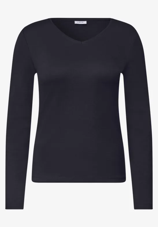 Schwarzes, langärmeliges Damen-Shirt mit V-Ausschnitt, schlicht und zeitlos.