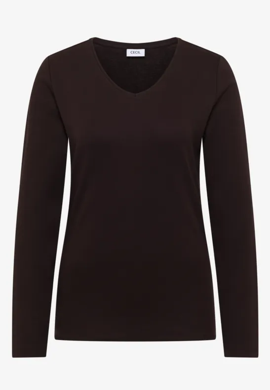 Schwarzes Damen-Langarmshirt mit V-Ausschnitt, eng geschnitten, schlicht und vielseitig kombinierbar.