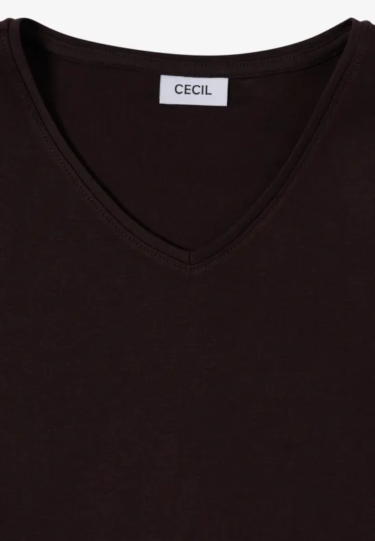Braunes V-Shirt mit V-Ausschnitt und weißer CECIL-Marke am Kragen.