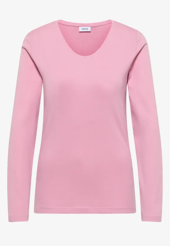 Schlichtes pinkes Langarmshirt mit V-Ausschnitt.
