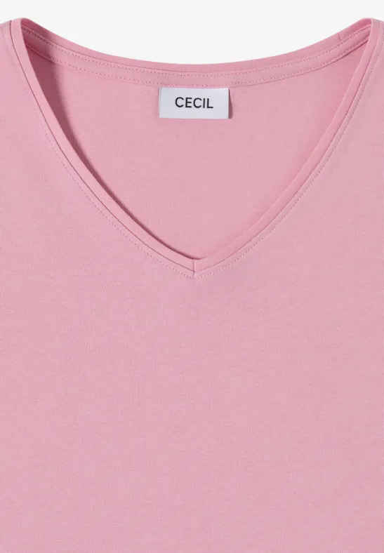 Ein schlichtes pinkfarbenes V-Neck-Shirt mit Markenlabel CECIL, aus weichem, glattem Stoff.
