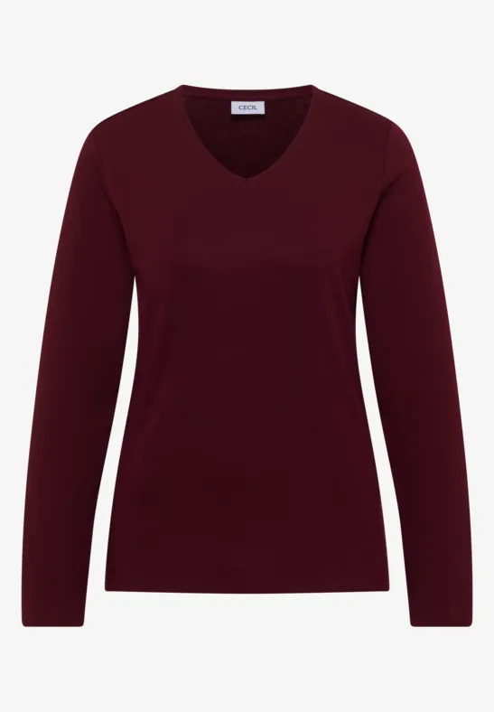 Feinstrick-Pullover mit V-Ausschnitt, langärmelig und in tiefem Burgunderrot.