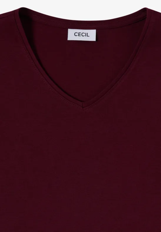 V-Ausschnittshirt in dunklem Burgunderrot mit 'CECIL'-Etikett.