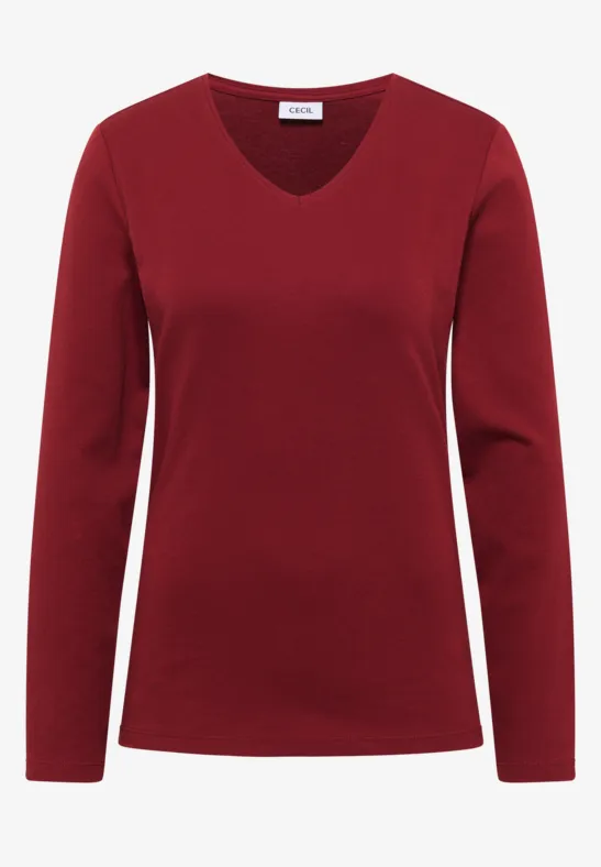 Rotes, schlichtes Langarmshirt mit V-Ausschnitt