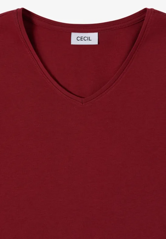 Ein rotes T-Shirt mit V-Ausschnitt und CECIL-Label.