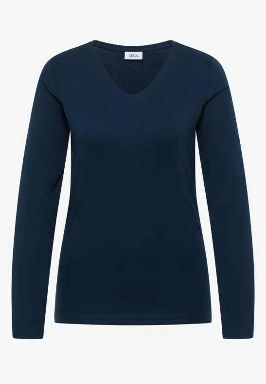 Dunkelblaues, langärmeliges Damen-Shirt mit V-Ausschnitt.