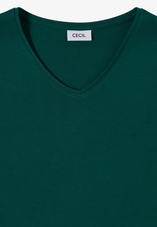 Dunkelgrünes V-Ausschnitt-Shirt mit dezenter 'Cecil'-Markenlabel im Nacken.