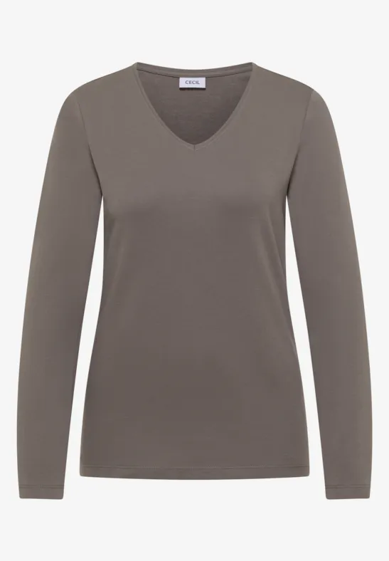 Taupefarbenes Damen-Langarmshirt mit V-Ausschnitt, schmal geschnitten.