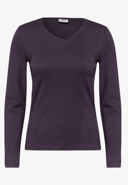 Ein lila Damenlangarmshirt mit Rundhalsausschnitt und schmaler Passform