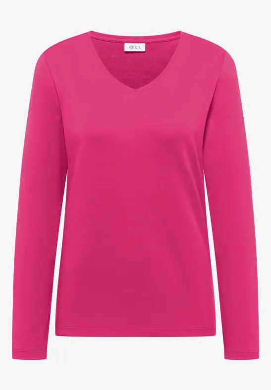 Ein pinker Langarmshirt für Damen mit V-Ausschnitt und schlichter Optik.
