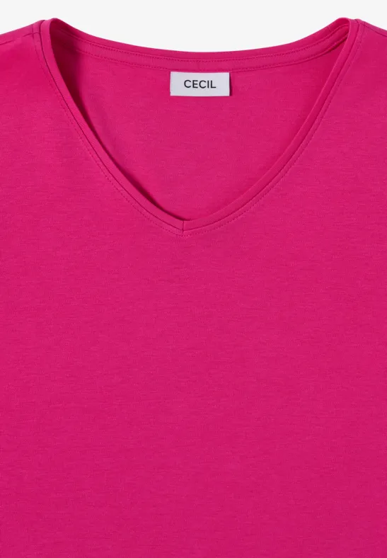 Ein schlichtes pinkfarbenes V-Neck-T-Shirt der Marke CECIL.