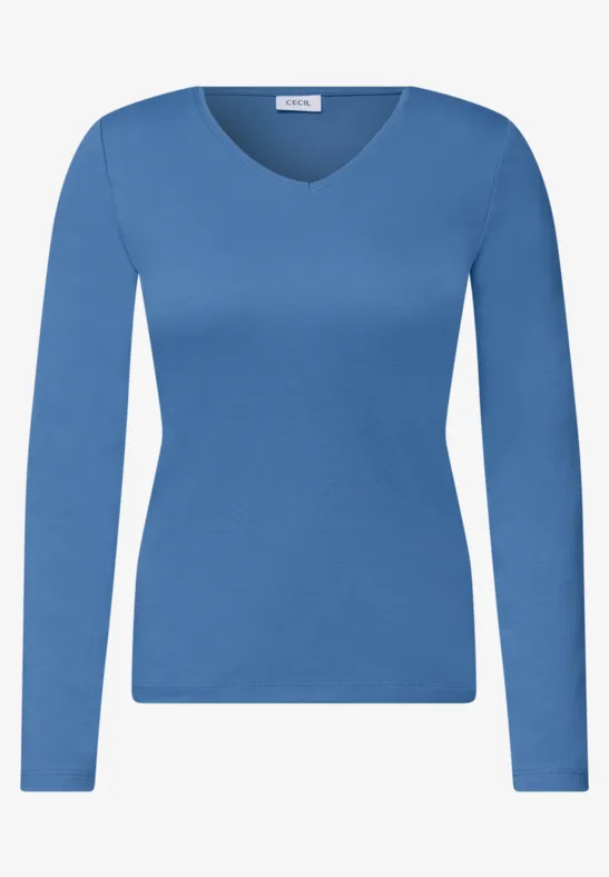Elegantes blaues Langarmshirt mit V-Ausschnitt für Damen.