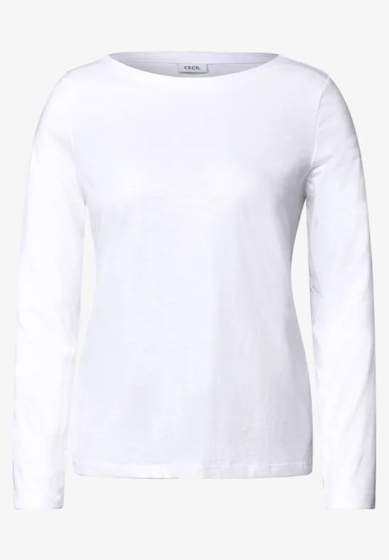 Ein weißes Langarmshirt mit Rundhalsausschnitt.