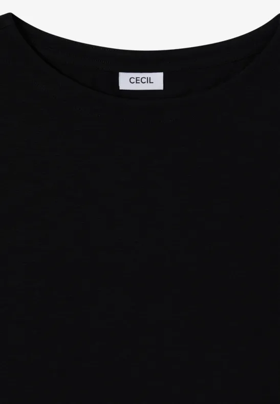 Czarny t-shirt z okrągłym dekoltem i metką CECIL na kołnierzu.