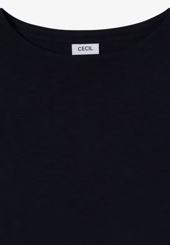 Prosty czarny T-shirt z okrągłym dekoltem i metką 'CECIL' na kołnierzu.