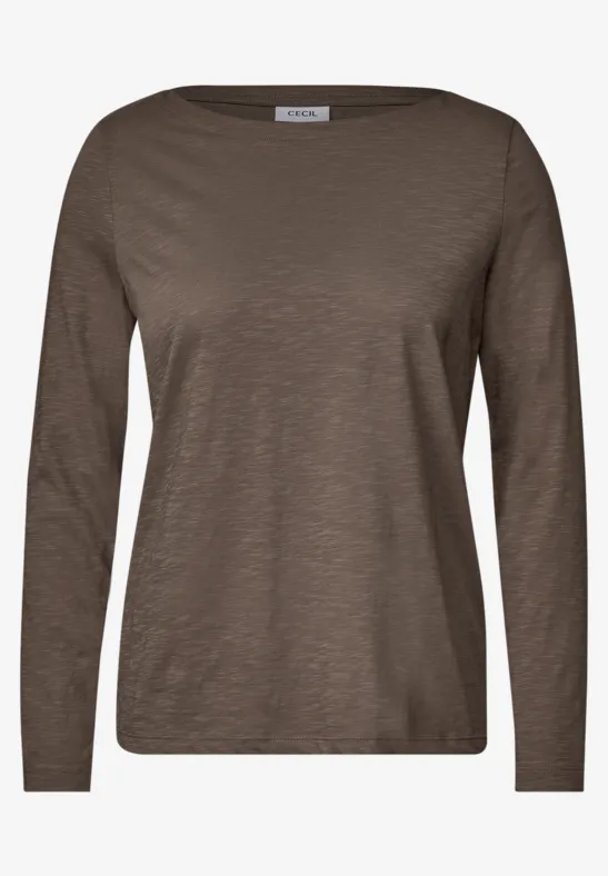Braunes Langarmshirt mit Rundhalsausschnitt und schlichter, unifarbener Optik.