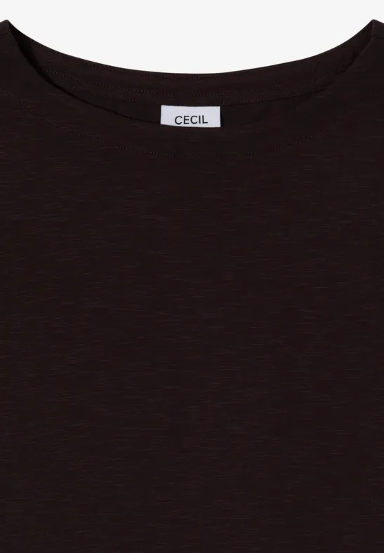 Schlichtes schwarzes T-Shirt mit Rundhalsausschnitt und kurzem Ärmel.