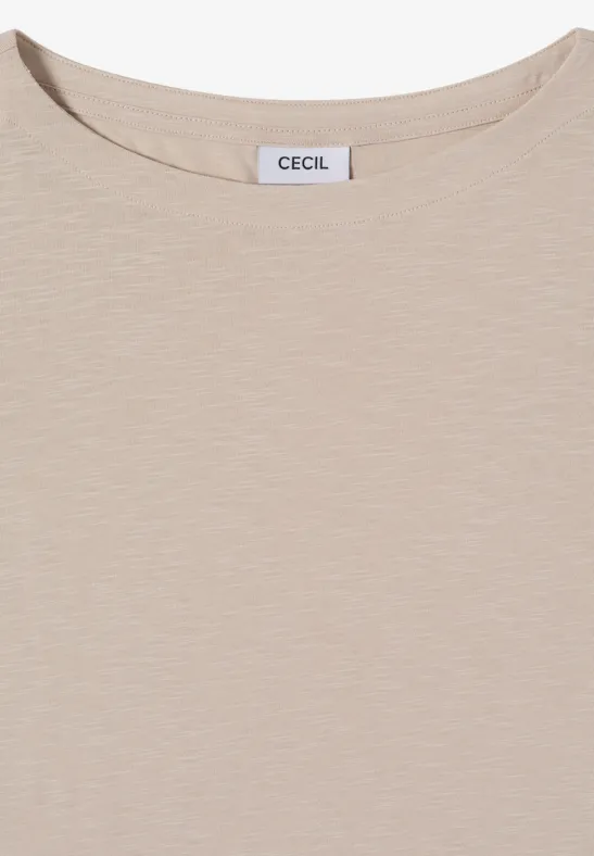 Beiges T-Shirt mit rundem Ausschnitt und feinem Jersey-Stoff.