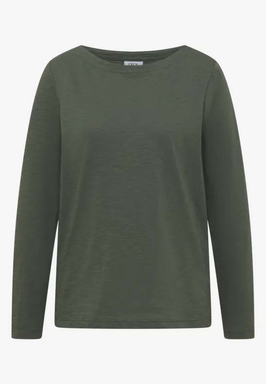 Ein dunkelgrünes, schlichtes Langarmshirt mit Rundhalsausschnitt.
