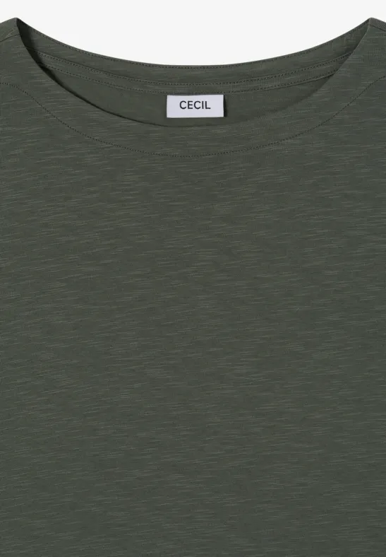 Olivgrünes T-Shirt mit Rundhalsausschnitt und feiner Melange-Optik von Cecil.