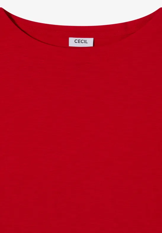 Rotes T-Shirt mit Rundhalsausschnitt und "CECIL"-Etikett am Kragen
