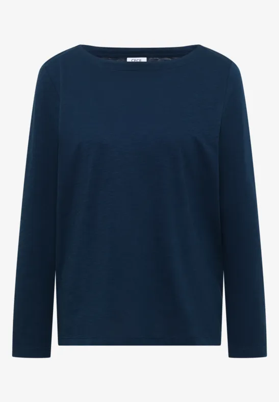 Schlichter, dunkelblauer Langarm-Pullover mit Rundhalsausschnitt.
