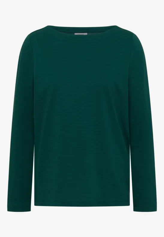 Einfaches, dunkelgrünes Langarmshirt mit Rundhalsausschnitt.