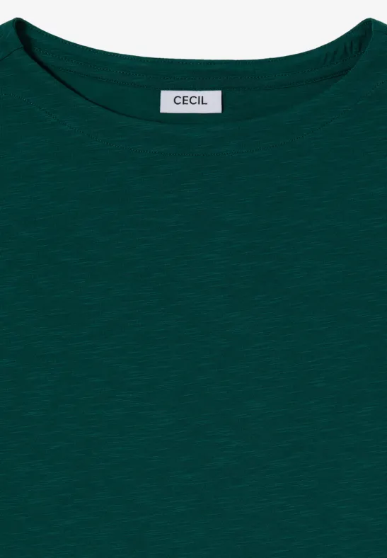 Dunkelgrünes T-Shirt mit Rundhalsausschnitt und "CECIL"-Label am Nacken.