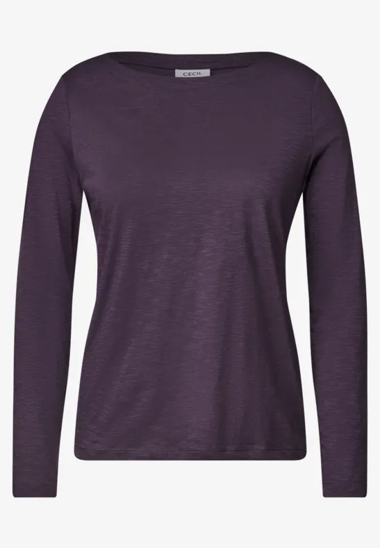 Schlichtes langärmeliges Damen-Shirt in dunklem Lila mit Rundhalsausschnitt.