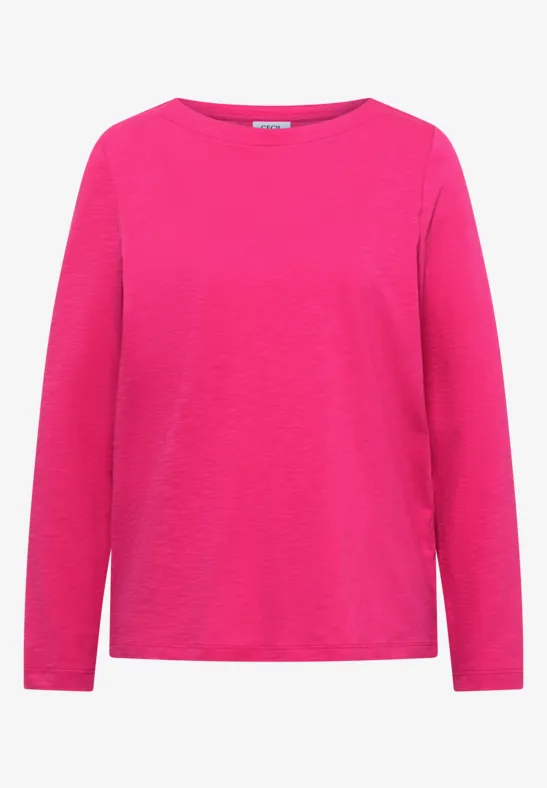 Schlichtes pinkes Langarmshirt mit Rundhalsausschnitt.