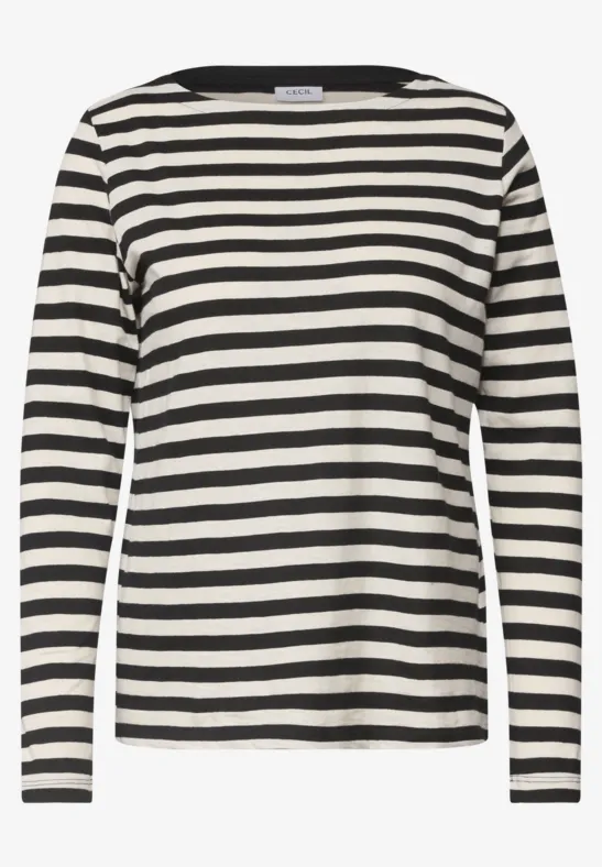 Langärmliges Shirt mit schwarzen und weißen Querstreifen und weitem Boot-Ausschnitt.