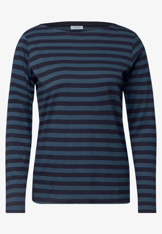 Damen-Langarmshirt mit dunkelblauen und marineblauen horizontalen Streifen.