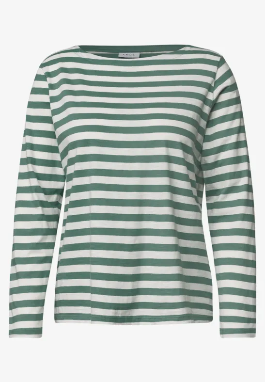 Damen-Langarmshirt mit weißen und grünen Querstreifen, legerer Passform.