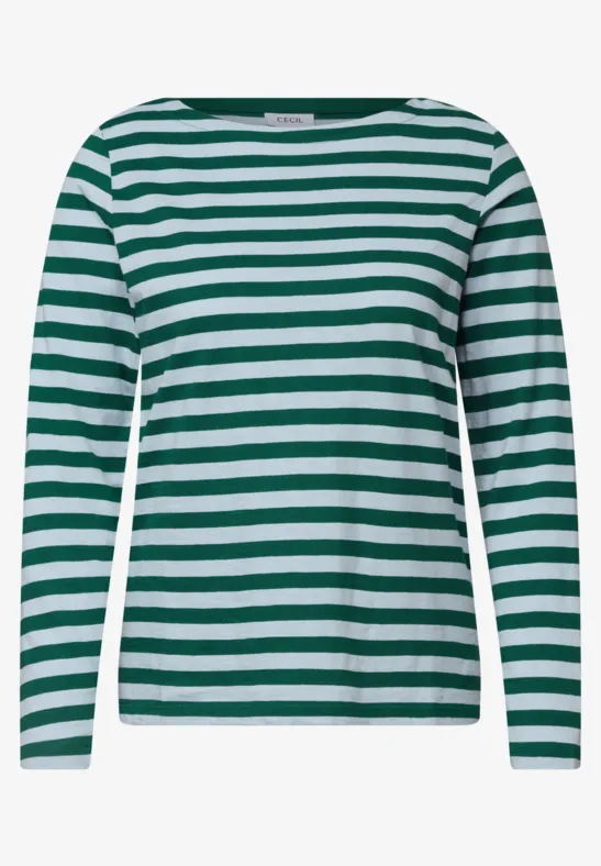 Groen-wit gestreept shirt met lange mouwen.
