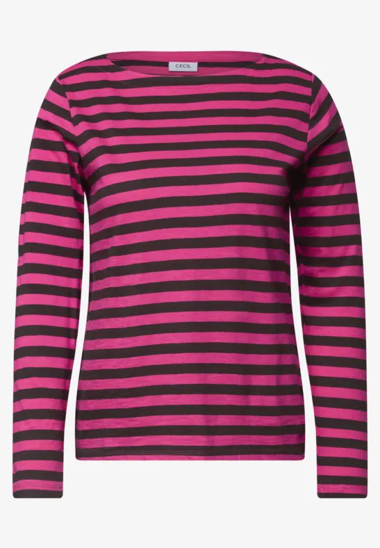 Dames longsleeve met roze-zwarte horizontale strepen