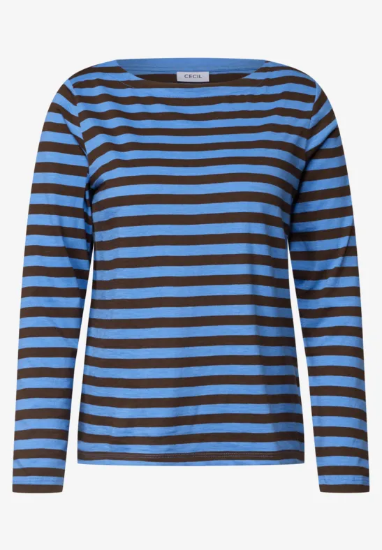Langarmshirt mit blauen und schwarzen Streifen, Rundhalsausschnitt