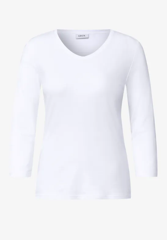 Weißes Shirt mit 3/4-Ärmeln und V-Ausschnitt.